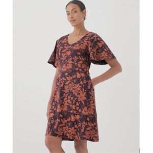 Pact Organic Cotton Mini Dress Large Floral Pockets Purple Orange Flaw